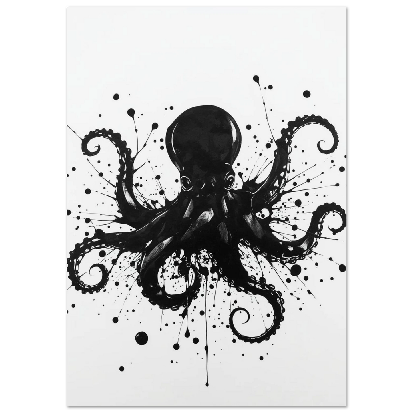 Svartvit bläckfisk i ink art-stil med dramatiska stänk på vit bakgrund