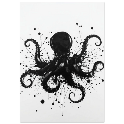 Svartvit bläckfisk i ink art-stil med dramatiska stänk på vit bakgrund
