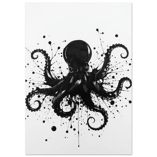 Svartvit bläckfisk i ink art-stil med dramatiska stänk på vit bakgrund