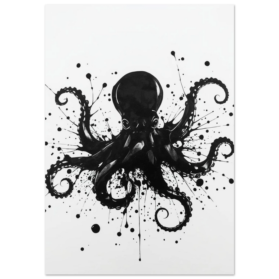 Svartvit bläckfisk i ink art-stil med dramatiska stänk på vit bakgrund