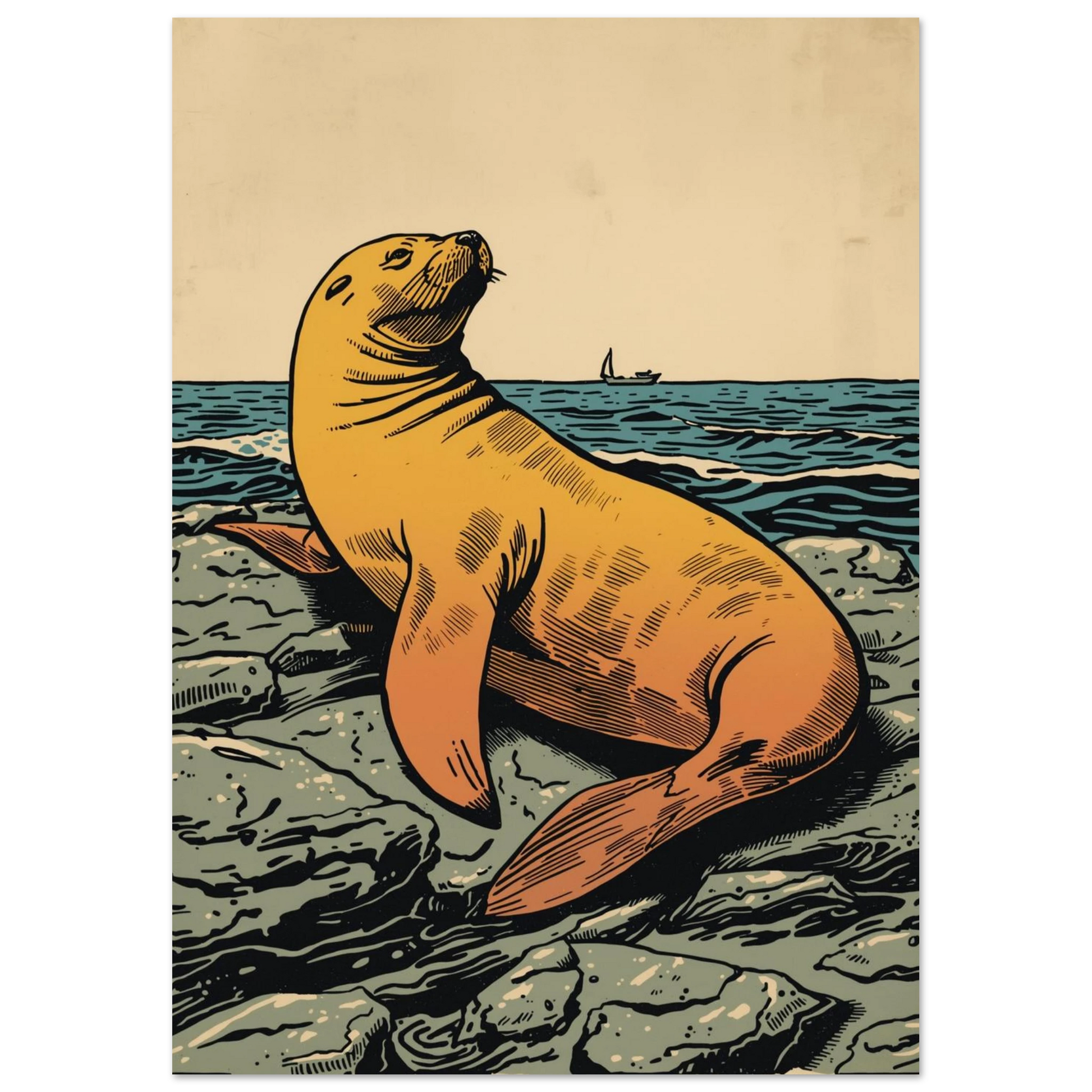Vintageinspirerat djurmotiv av ett sjölejon på stenar med ett segelfartyg i fjärran