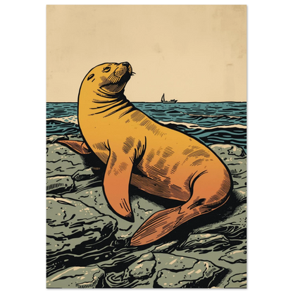 Vintageinspirerat djurmotiv av ett sjölejon på stenar med ett segelfartyg i fjärran
