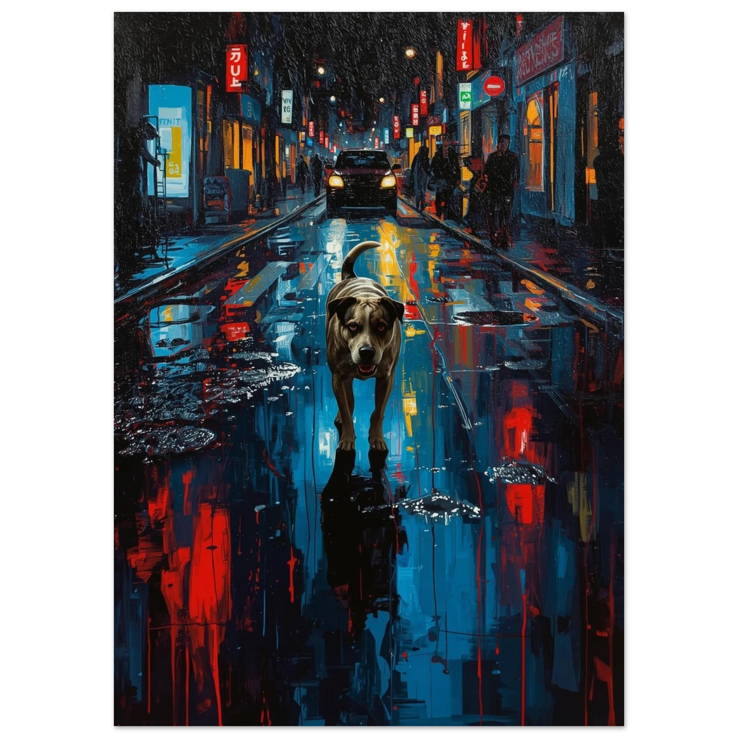 Nattlig stadsmiljö med hund i centrum och lysande röda neonskyltar – konstnärligt print