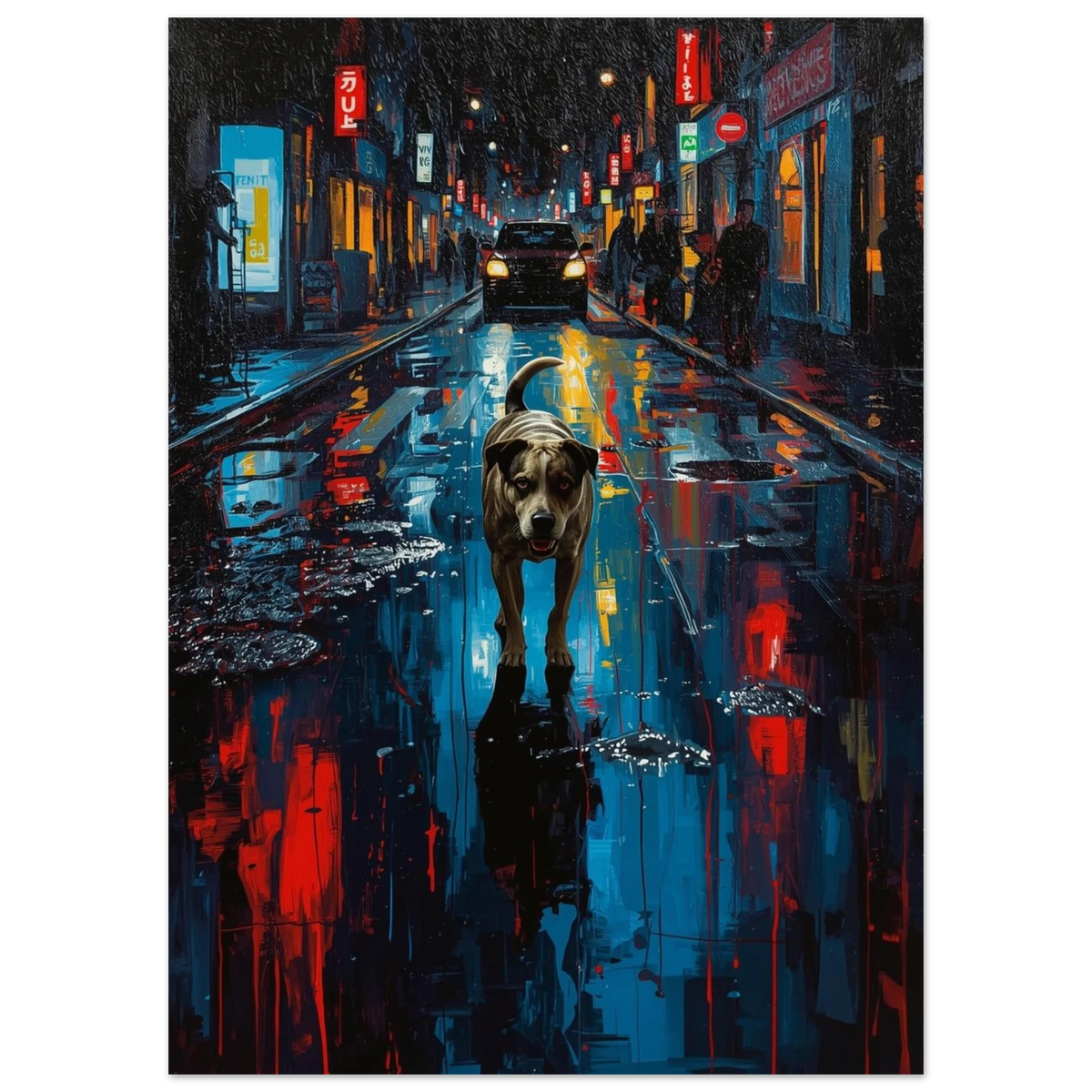 Nattlig stadsmiljö med hund i centrum och lysande röda neonskyltar – konstnärligt print