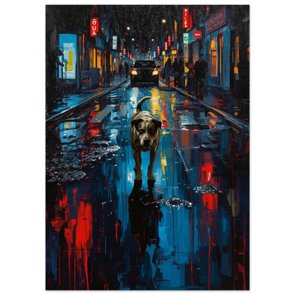 Nattlig stadsmiljö med hund i centrum och lysande röda neonskyltar – konstnärligt print