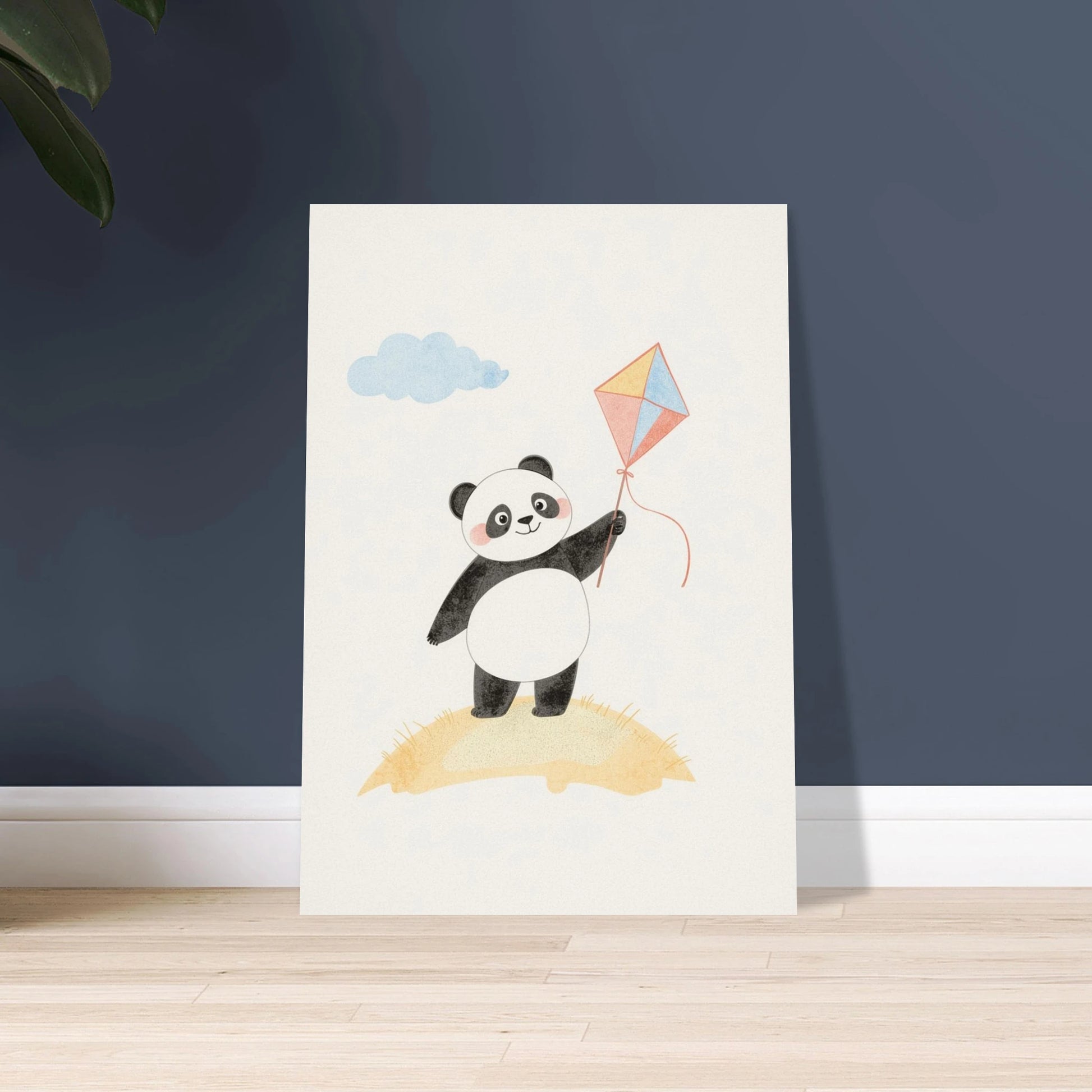 Lekfull panda med färgglad drake i pastellfärger, mjuk illustration