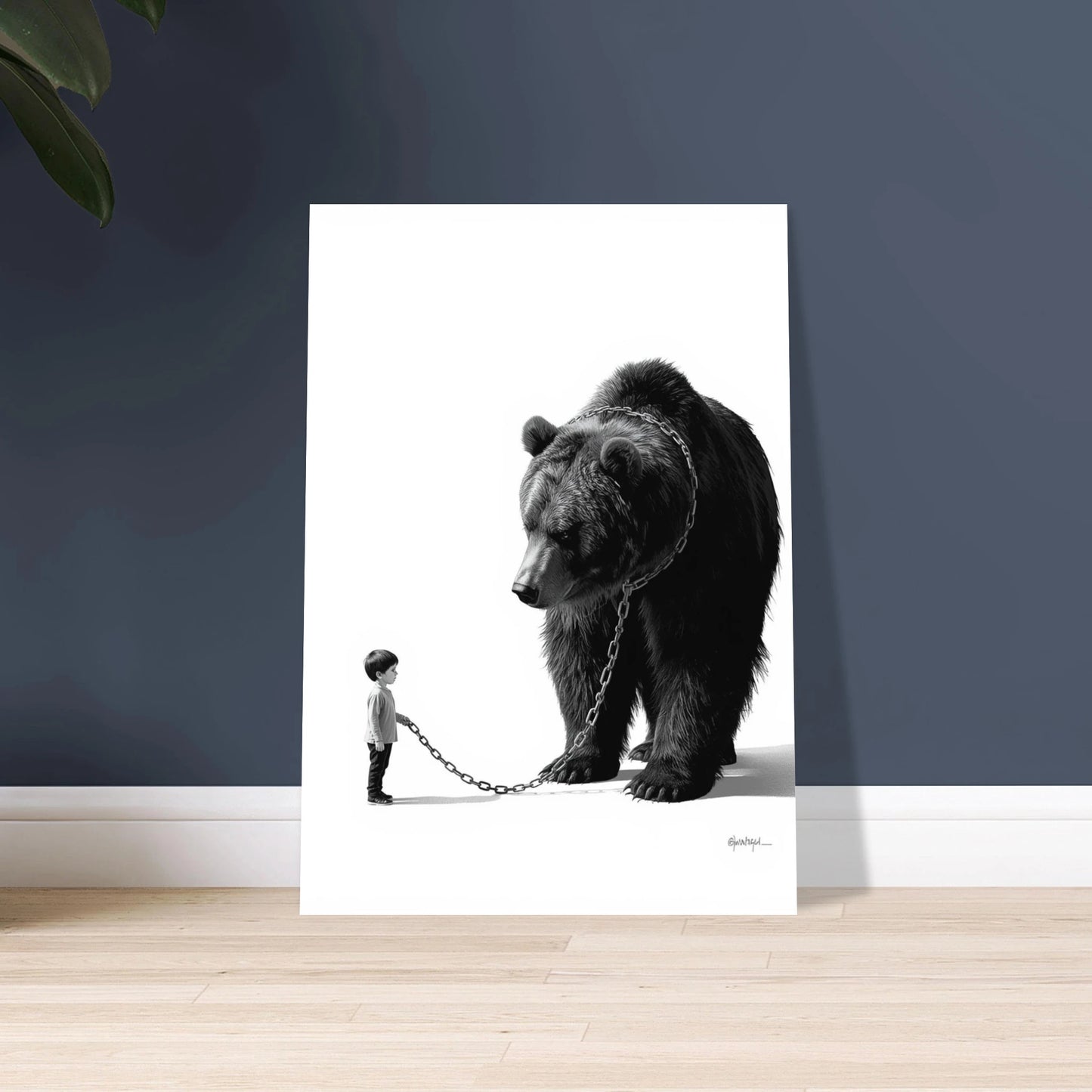 Björn och barn sammanlänkade av kedja, svartvit illustration