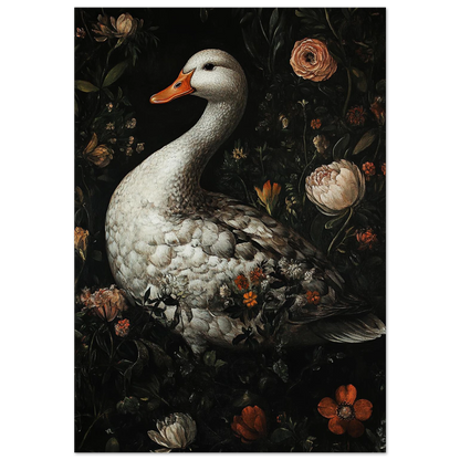 Vit gås omgiven av mörka blommor i barockstil – konstnärlig djurposter