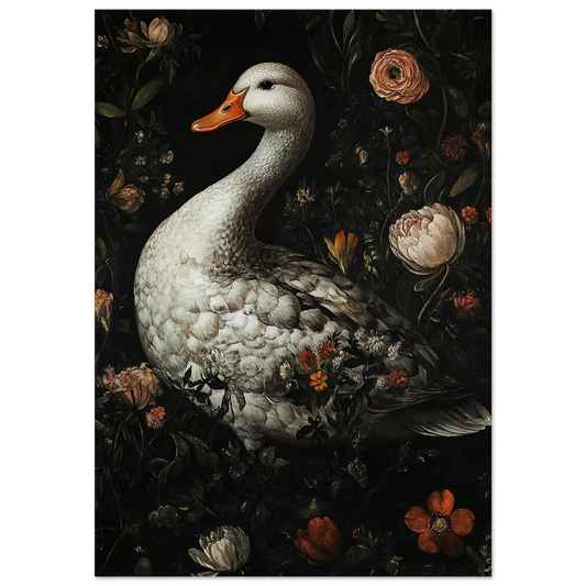 Vit gås omgiven av mörka blommor i barockstil – konstnärlig djurposter