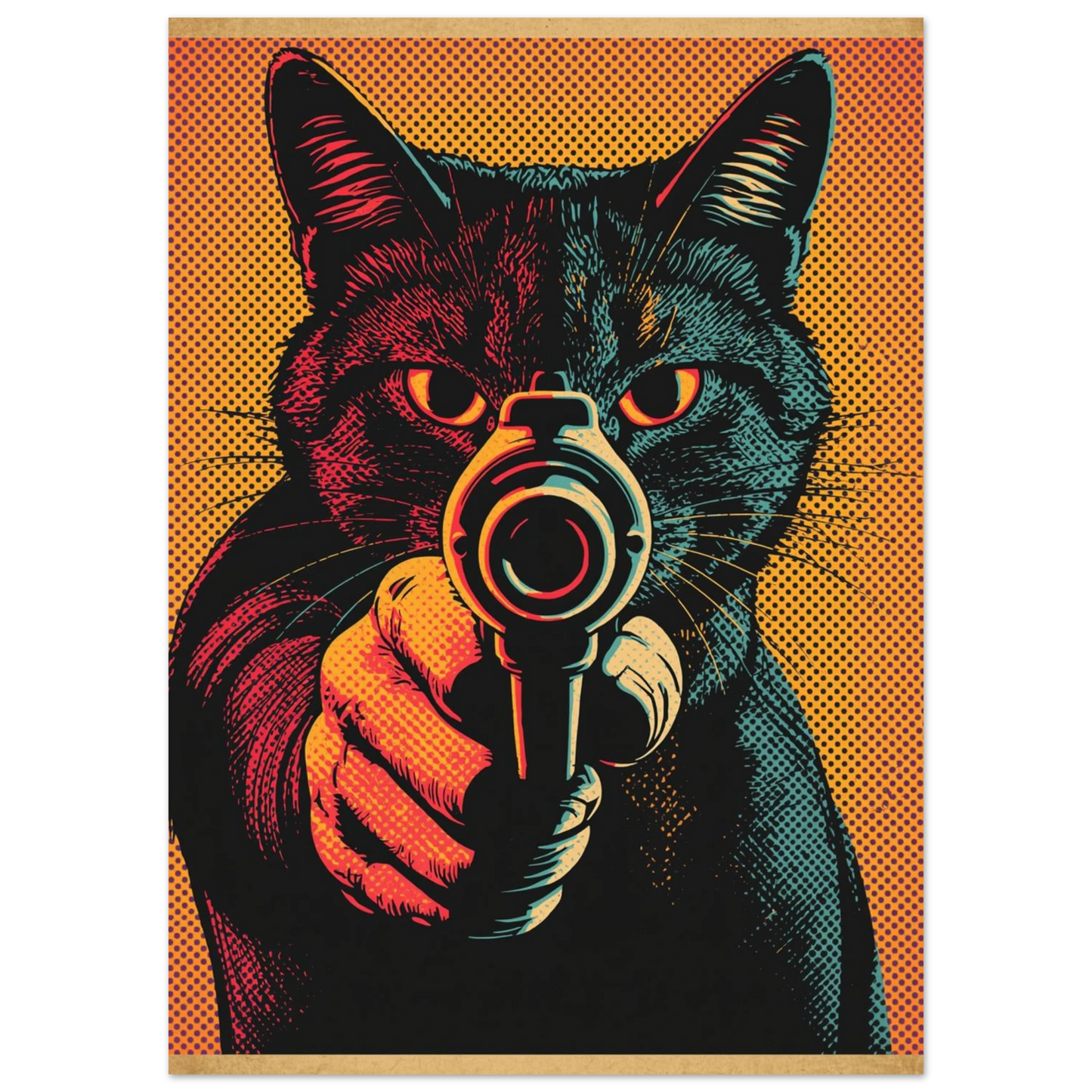 Stiliserad katt med revolver i popkonststil, intensiva färger