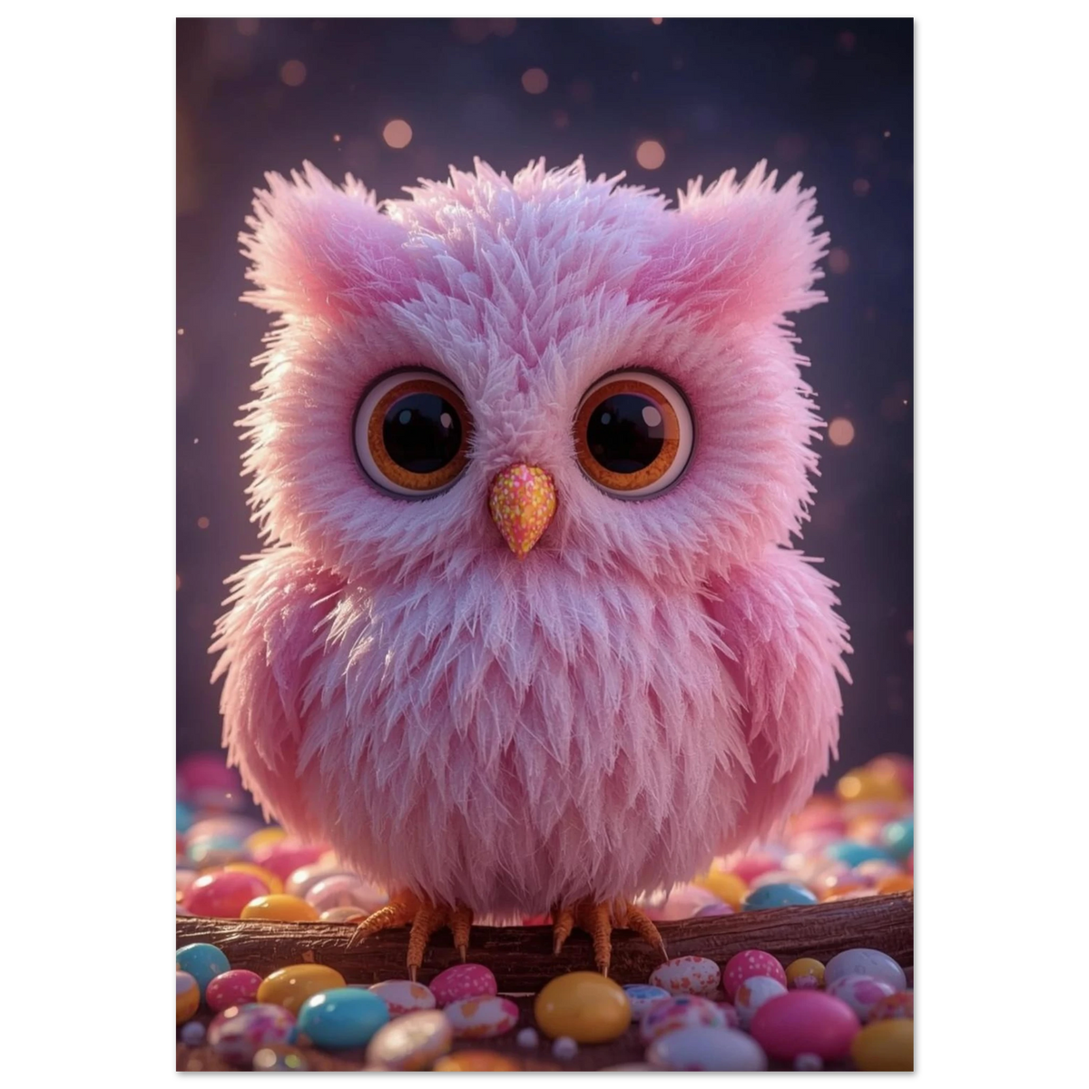 Rosa fluffig uggla på gren omgiven av färgglada chokladlinser – 3D-illustration