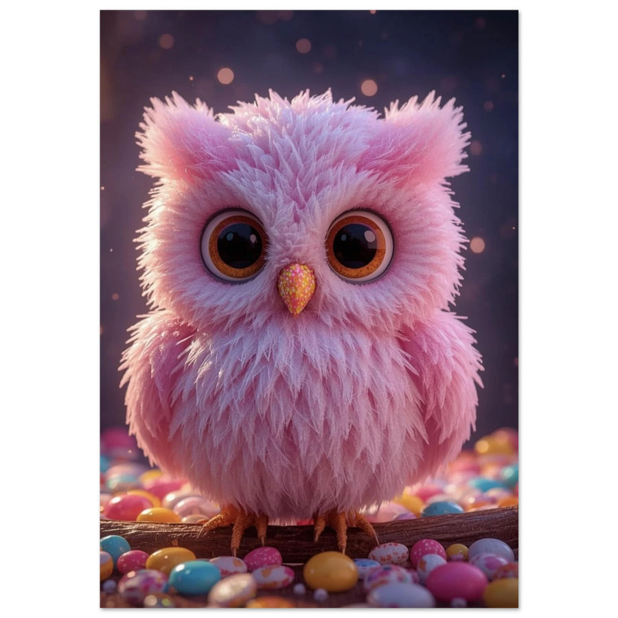 Rosa fluffig uggla på gren omgiven av färgglada chokladlinser – 3D-illustration