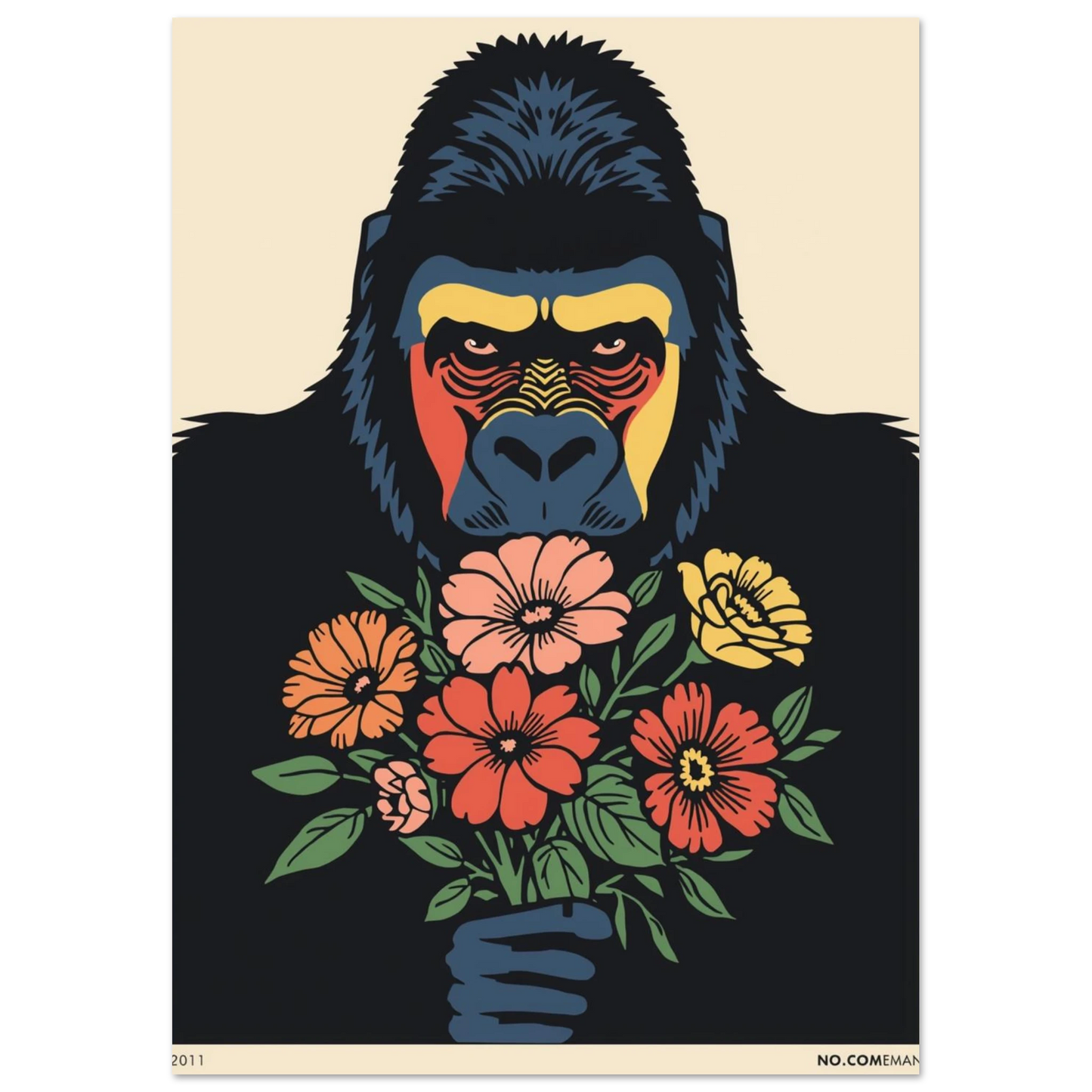 Illustrerad gorilla som håller blommor mot en beige bakgrund