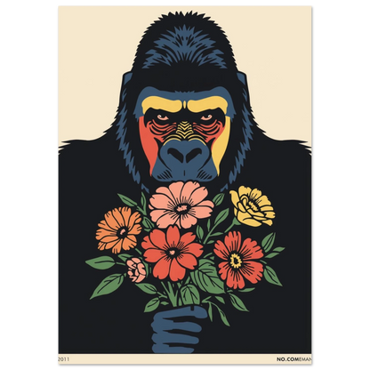 Illustrerad gorilla som håller blommor mot en beige bakgrund