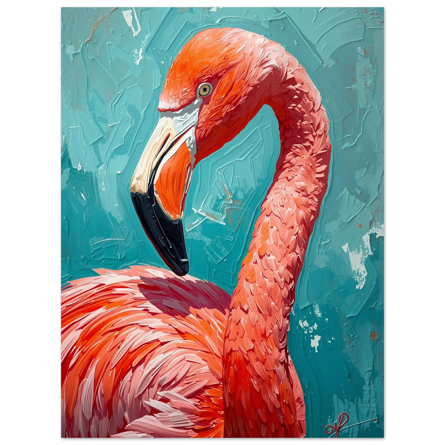 Expressionistisk målning av en flamingo med hög kontrast mot blå fond
