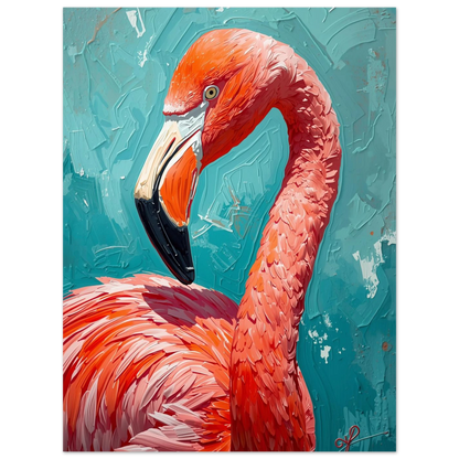Expressionistisk målning av en flamingo med hög kontrast mot blå fond