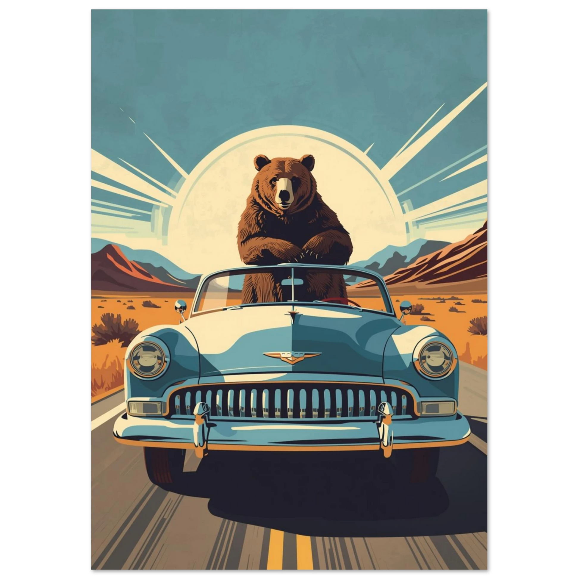 Vintage stil poster med björn i bil och strålande sol