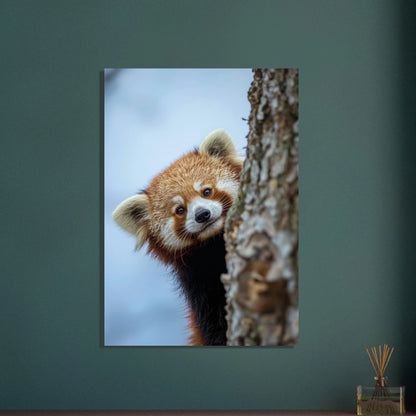 Röd panda kikar fram bakom trädstam med nyfiken blick.
