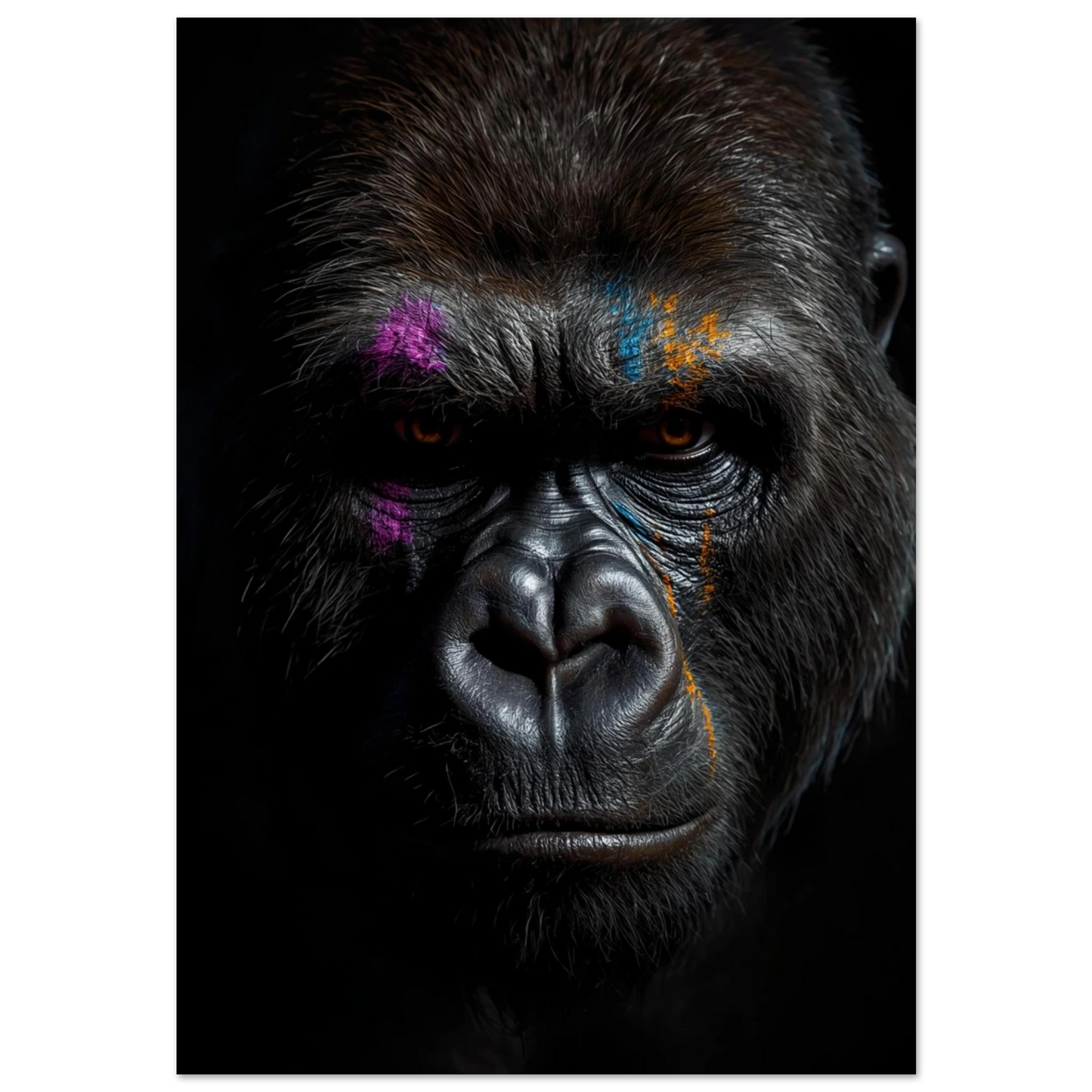 Gorilla med lila och orange färgstänk i ansiktet – konstnärlig djurposter