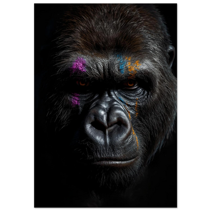 Gorilla med lila och orange färgstänk i ansiktet – konstnärlig djurposter