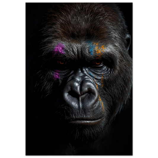 Gorilla med lila och orange färgstänk i ansiktet – konstnärlig djurposter