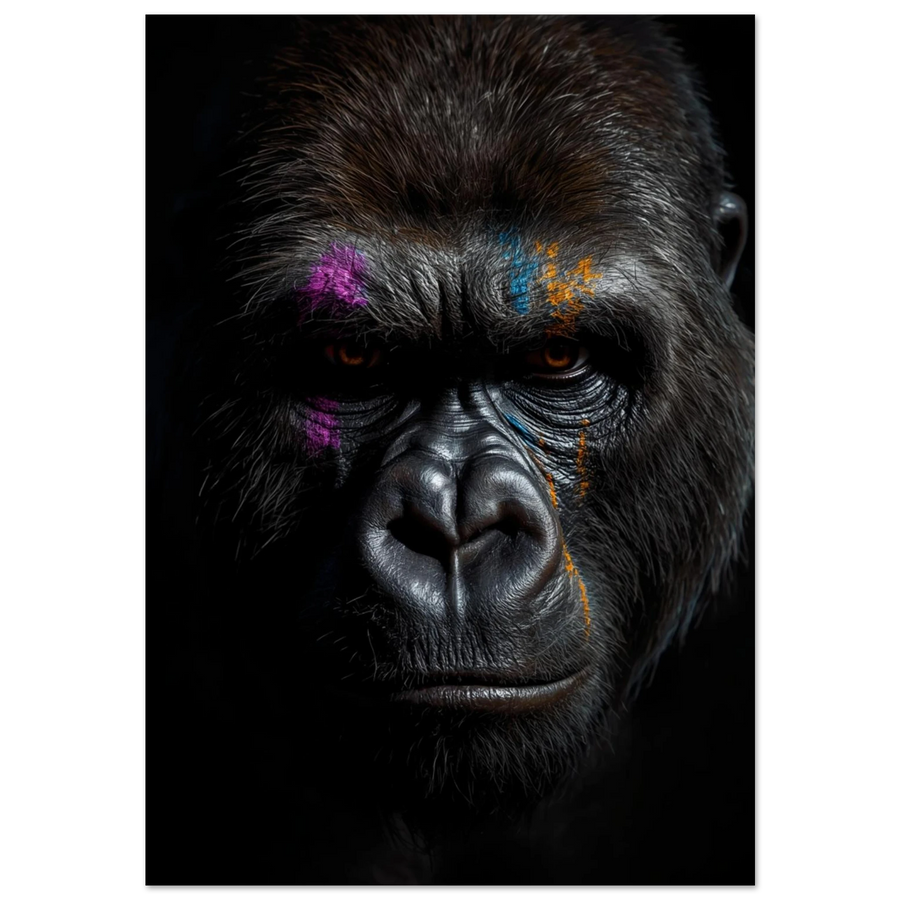 Gorilla med lila och orange färgstänk i ansiktet – konstnärlig djurposter