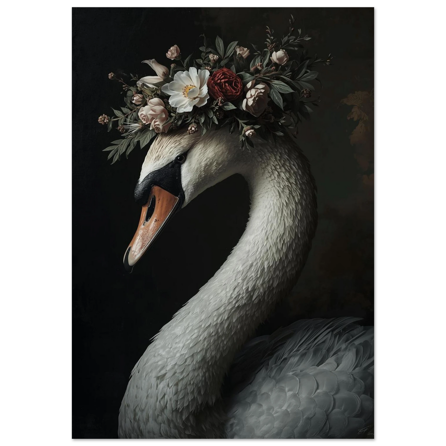 Vit svan med blomsterkrans mot mörk bakgrund – Målad poster