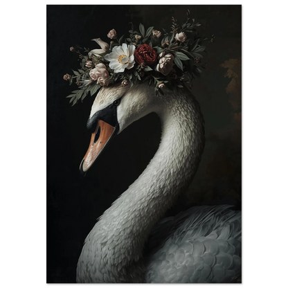 Vit svan med blomsterkrans mot mörk bakgrund – Målad poster