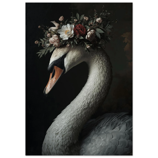 Vit svan med blomsterkrans mot mörk bakgrund – Målad poster