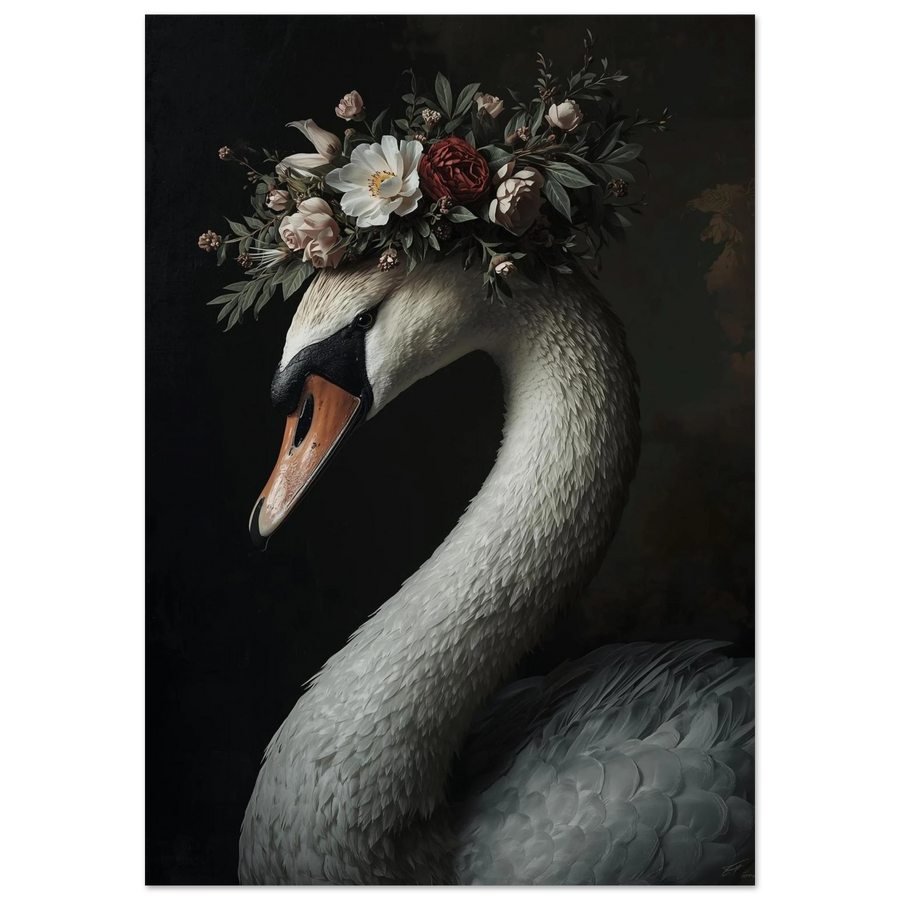 Vit svan med blomsterkrans mot mörk bakgrund – Målad poster