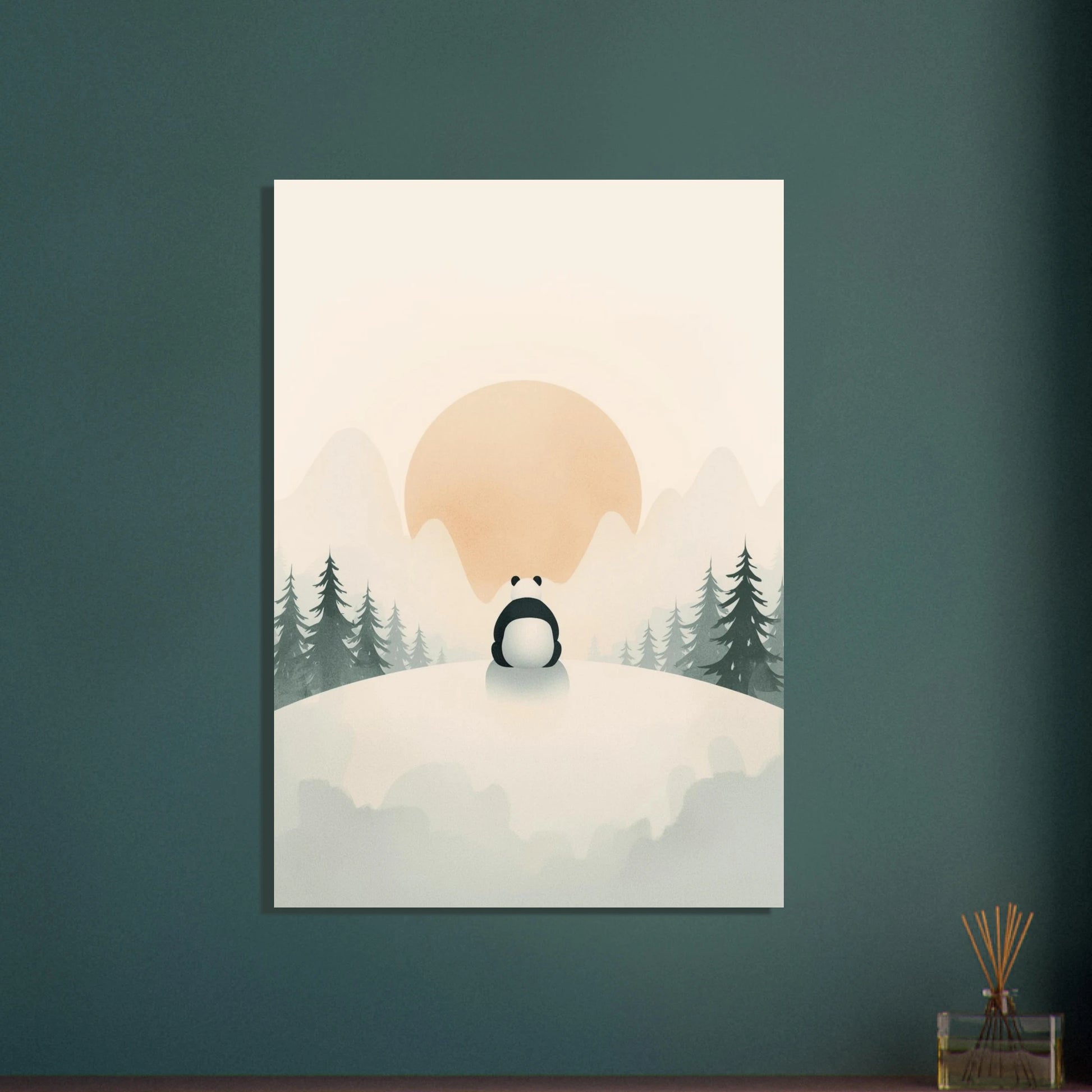 Panda på snöig kulle med solnedgång, lugn och fridfull stämning