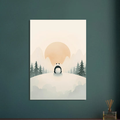 Panda på snöig kulle med solnedgång, lugn och fridfull stämning