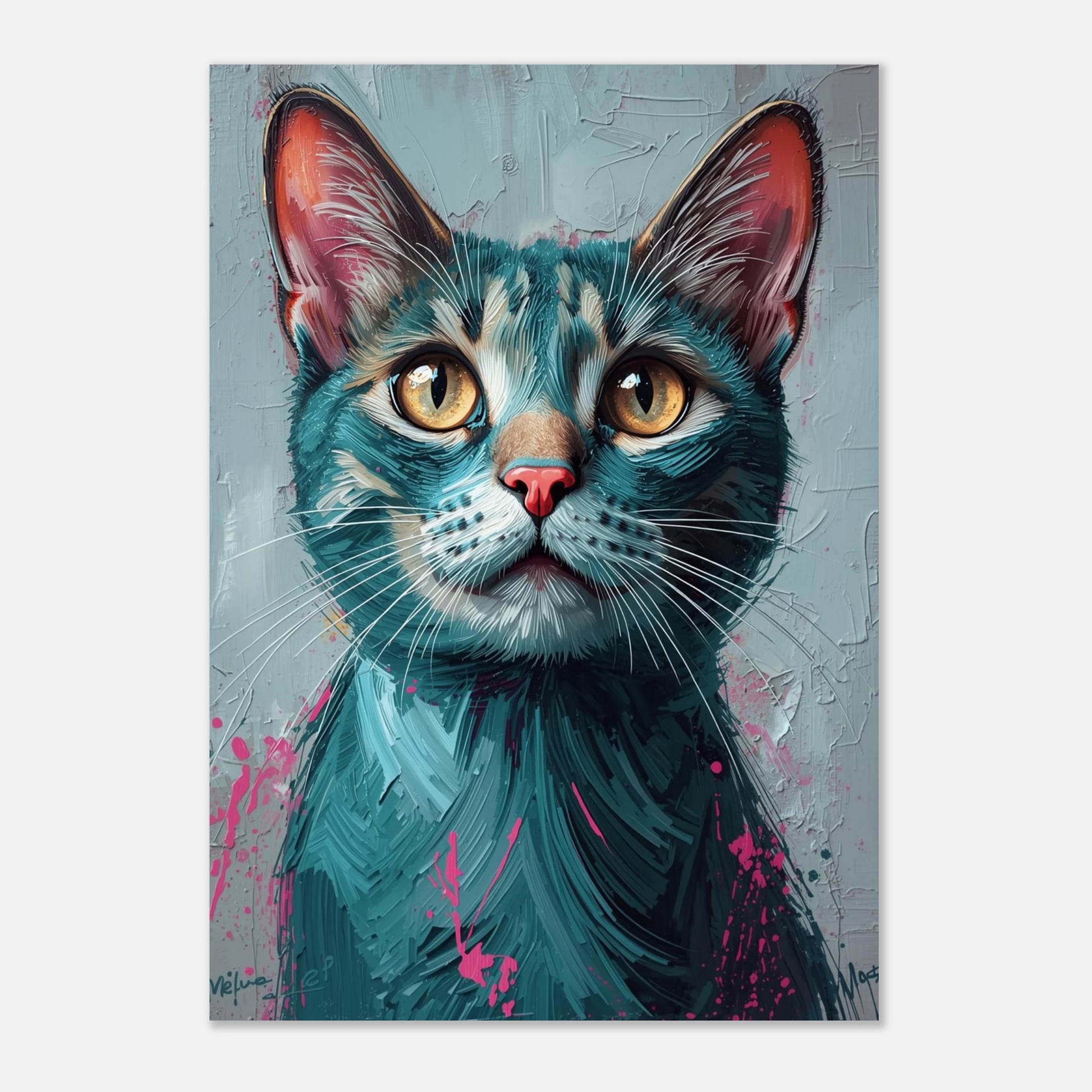 Modern illustration av en katt i turkos och rosa med guldiga ögon