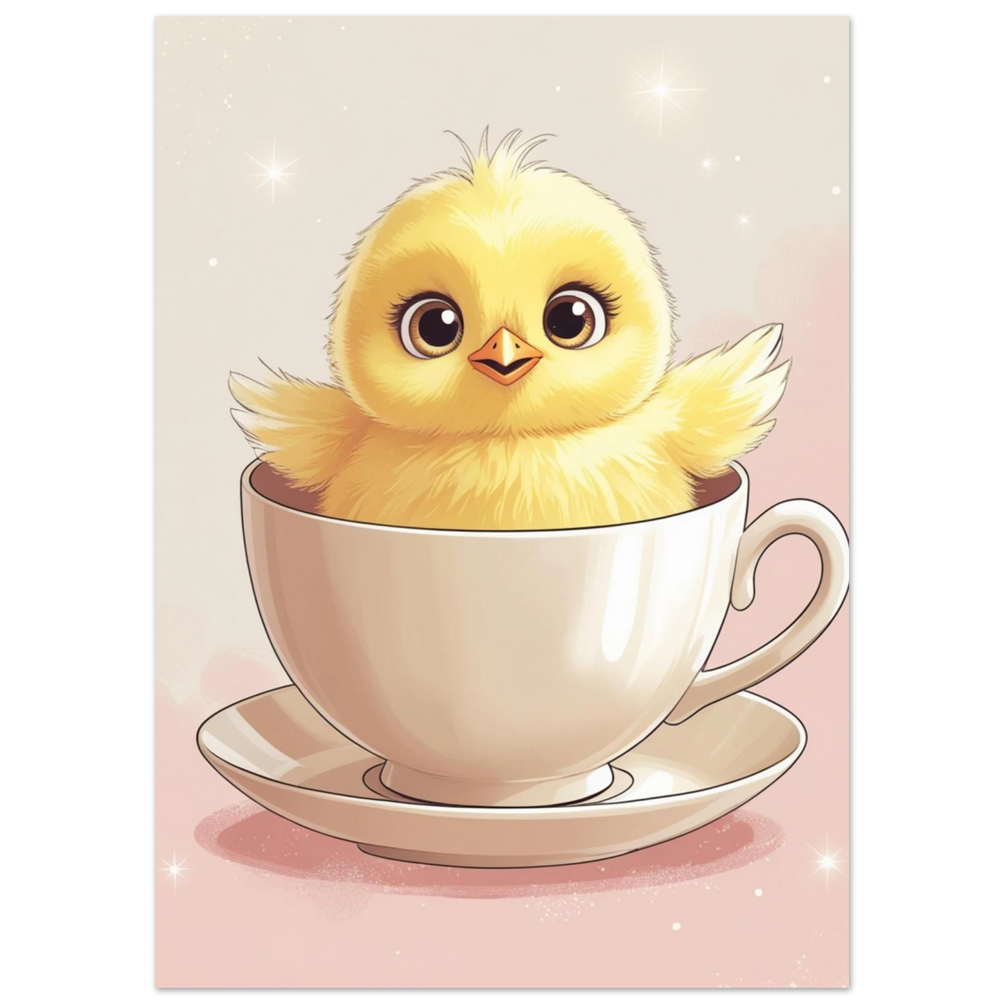 Närbild av fluffig kycklingunge med stora ögon i en kaffekopp – poster