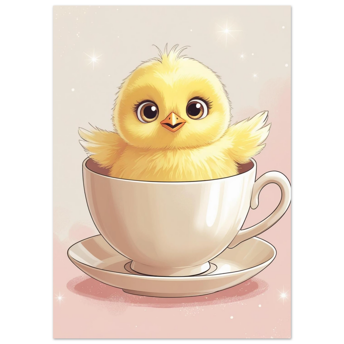 Närbild av fluffig kycklingunge med stora ögon i en kaffekopp – poster