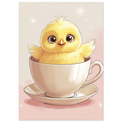 Närbild av fluffig kycklingunge med stora ögon i en kaffekopp – poster