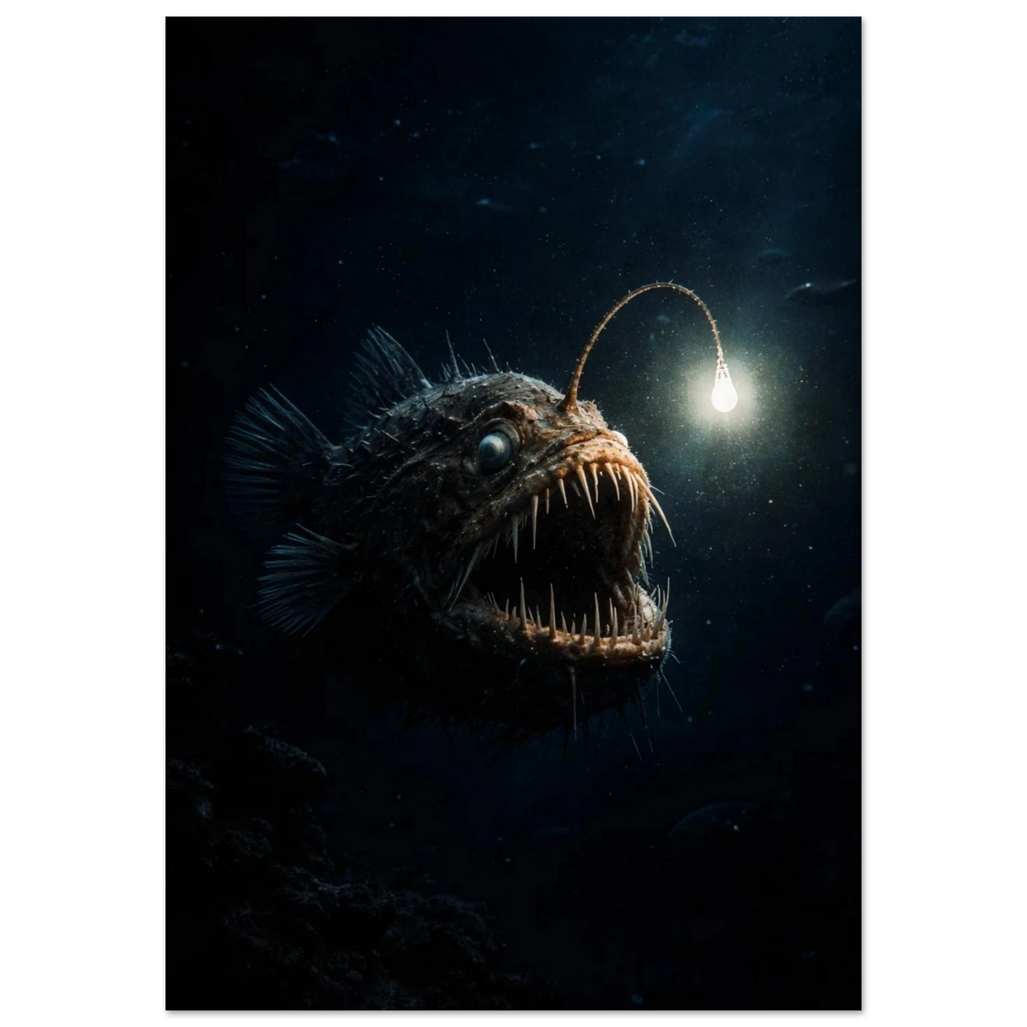 Marulk simmande i mörk djuphavsmiljö med lysande glödlampeliknande utskott framifrån – Fotorealistisk poster