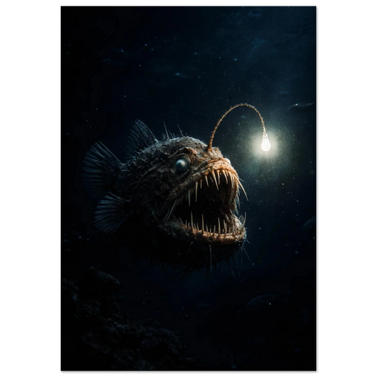 Marulk simmande i mörk djuphavsmiljö med lysande glödlampeliknande utskott framifrån – Fotorealistisk poster