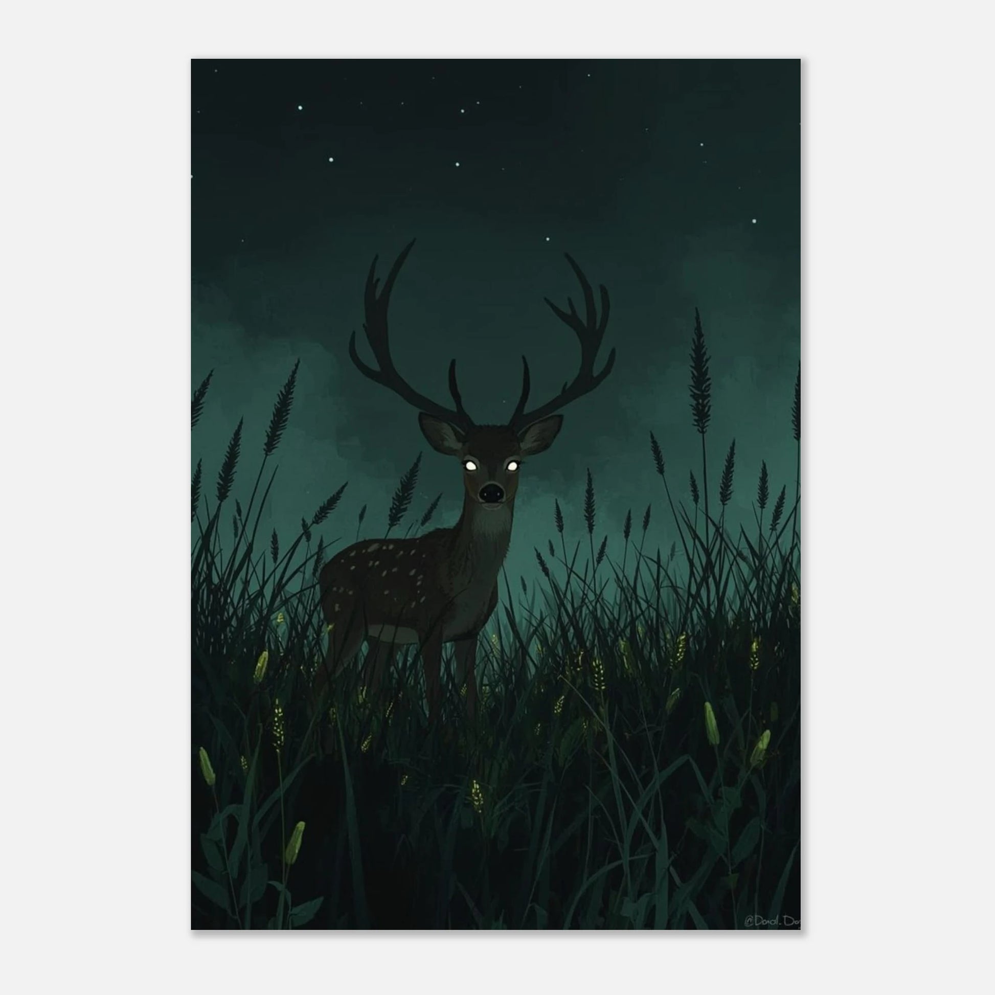 Sagoaktig poster med hjort och horn mot mörkblå natthimmel
