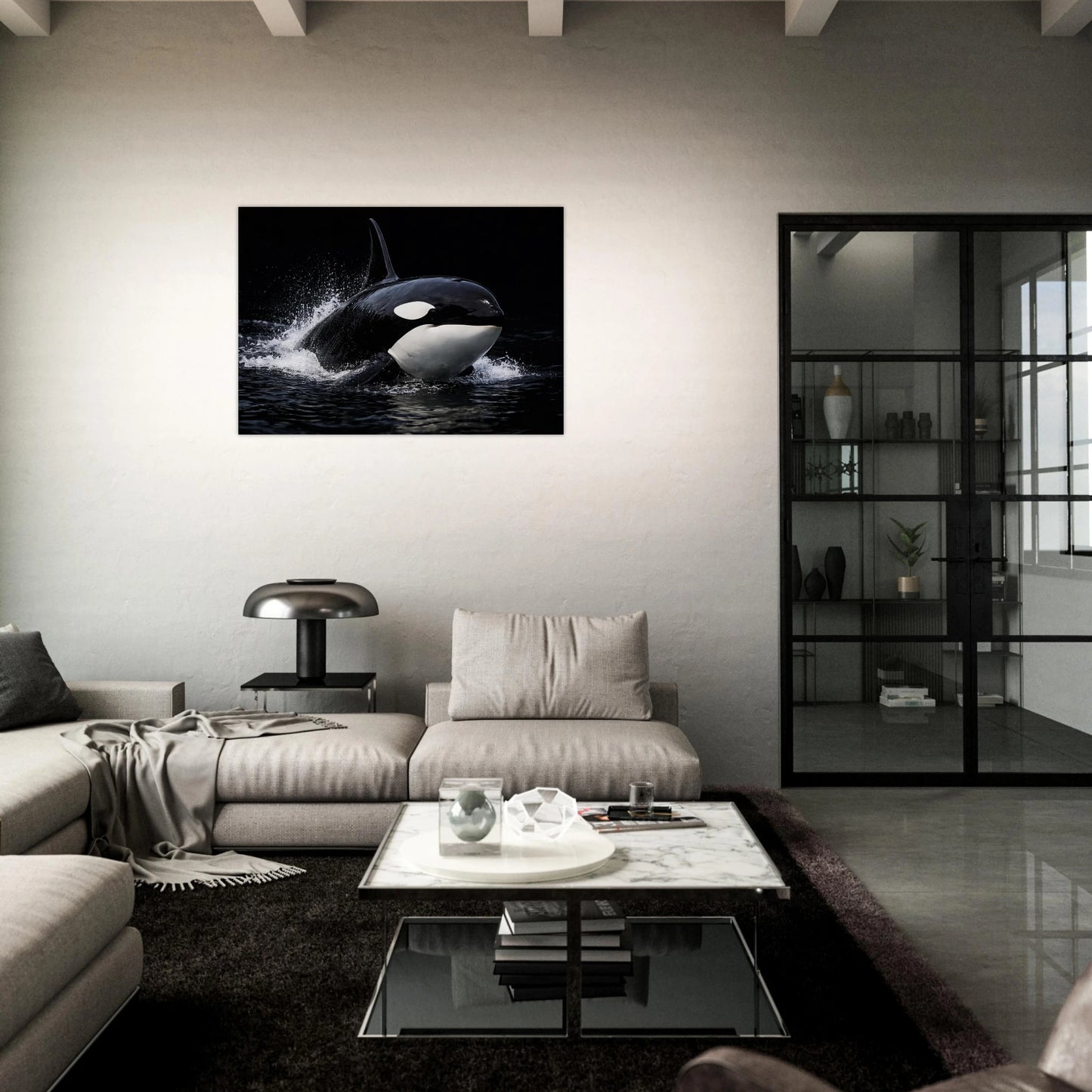Späckhuggare poster som väggdekoration i modern vardagsrumsmiljö – Fotorealistisk poster