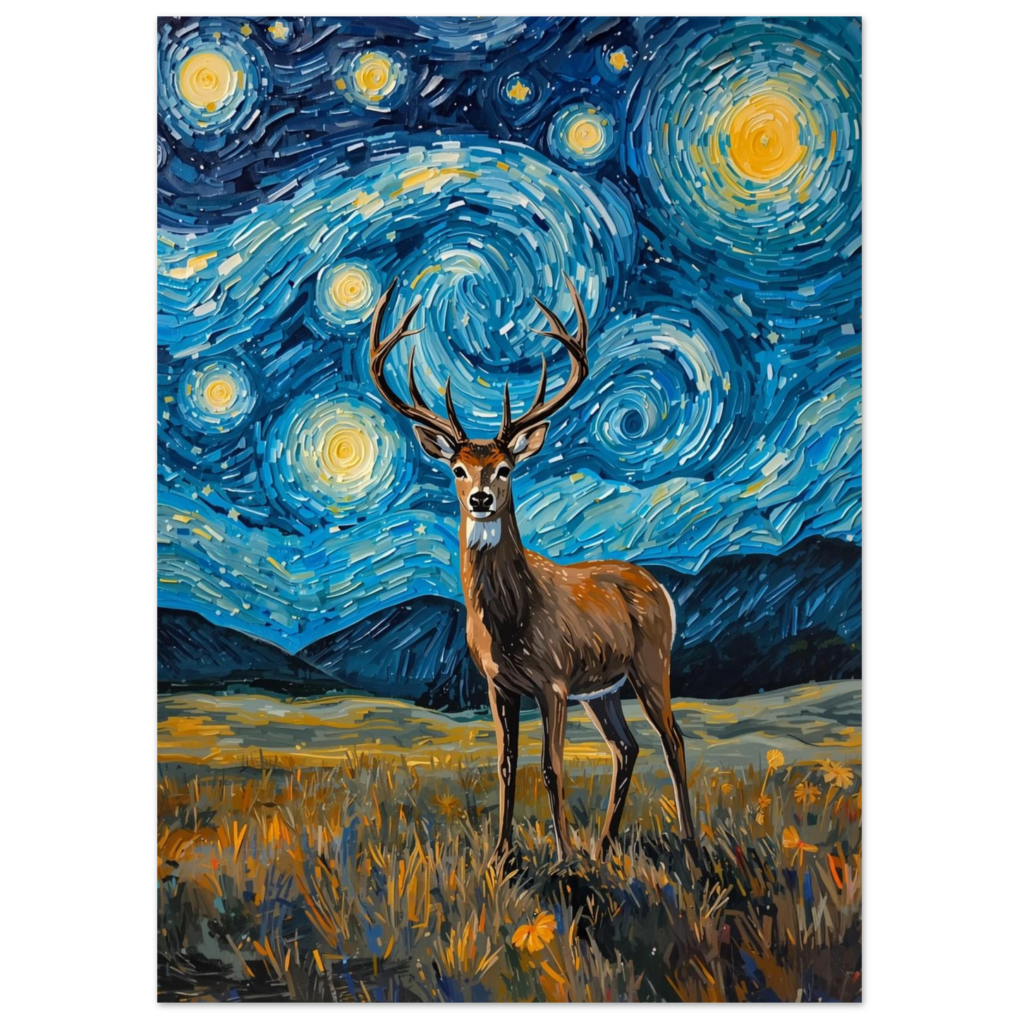 Konstnärlig hjortposter med djupblå natt och lysande gula stjärnor, oljestil