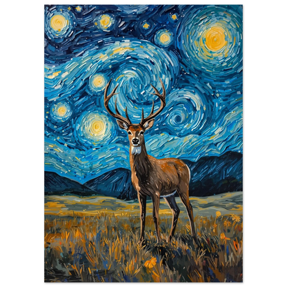 Konstnärlig hjortposter med djupblå natt och lysande gula stjärnor, oljestil