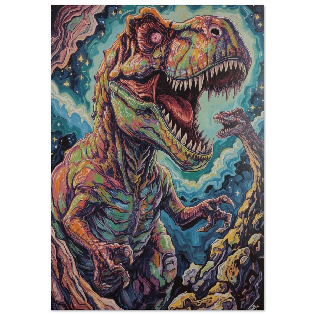 Psykedelisk illustration av en vrålande T-Rex – färgstark poster