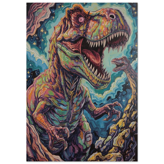 Psykedelisk illustration av en vrålande T-Rex – färgstark poster