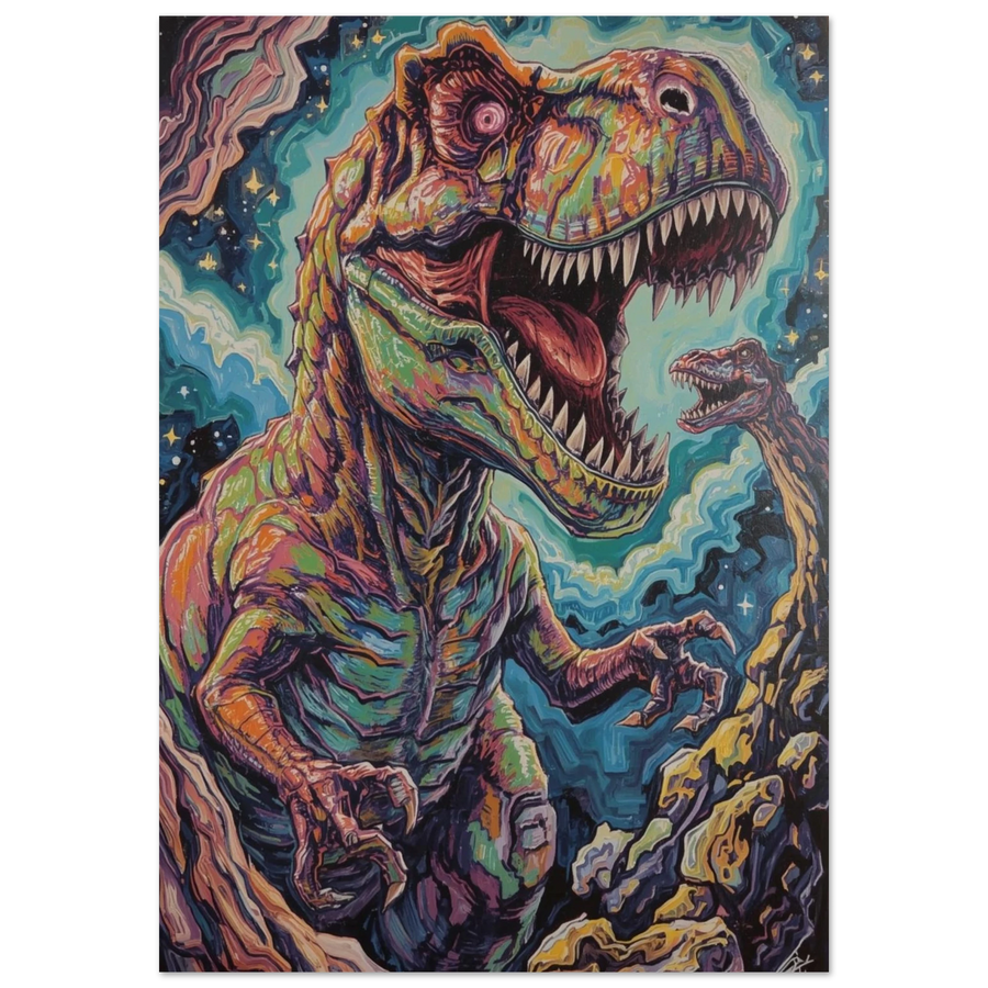 Psykedelisk illustration av en vrålande T-Rex – färgstark poster