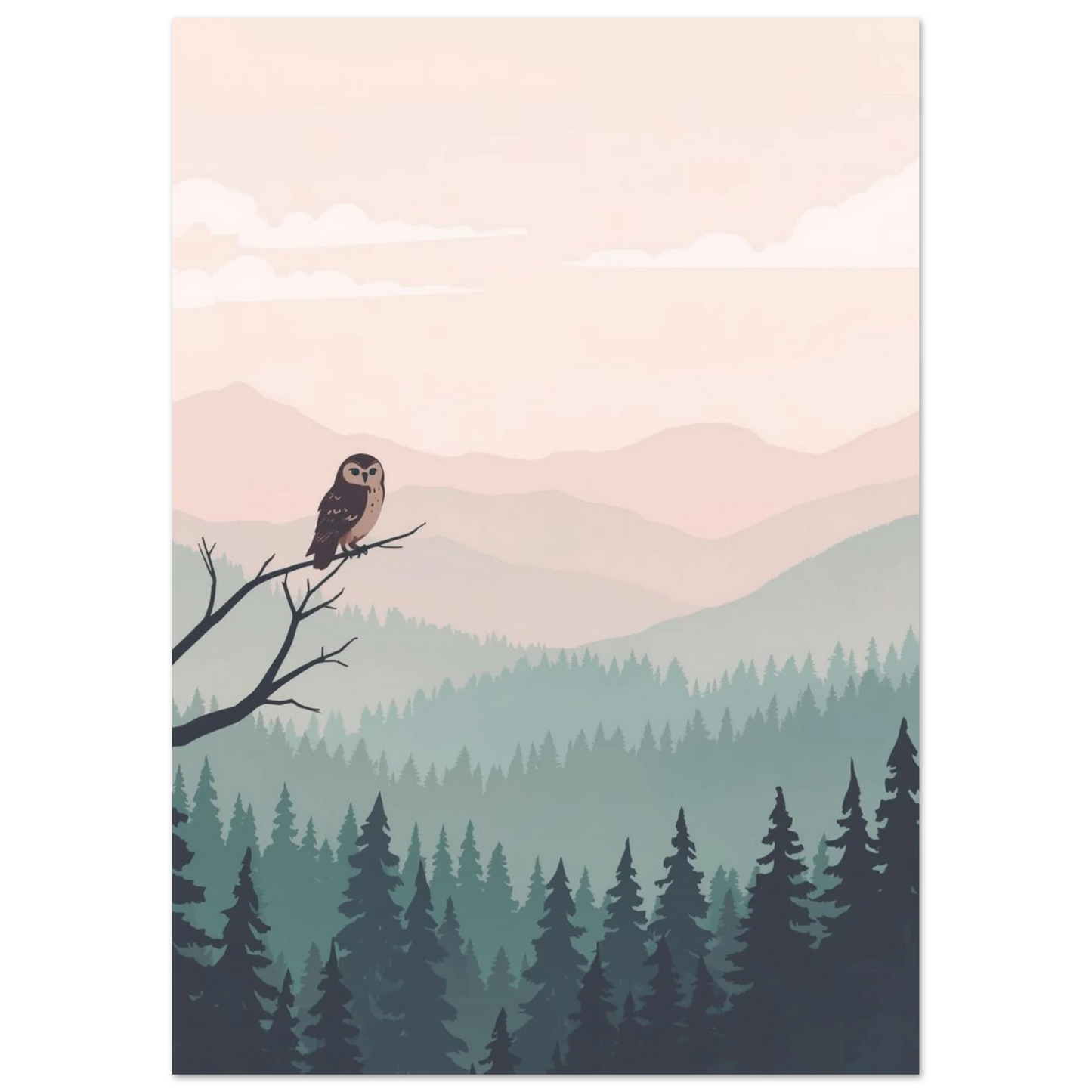 Dovt färgad naturposter med uggla och siluetter av granar i lager