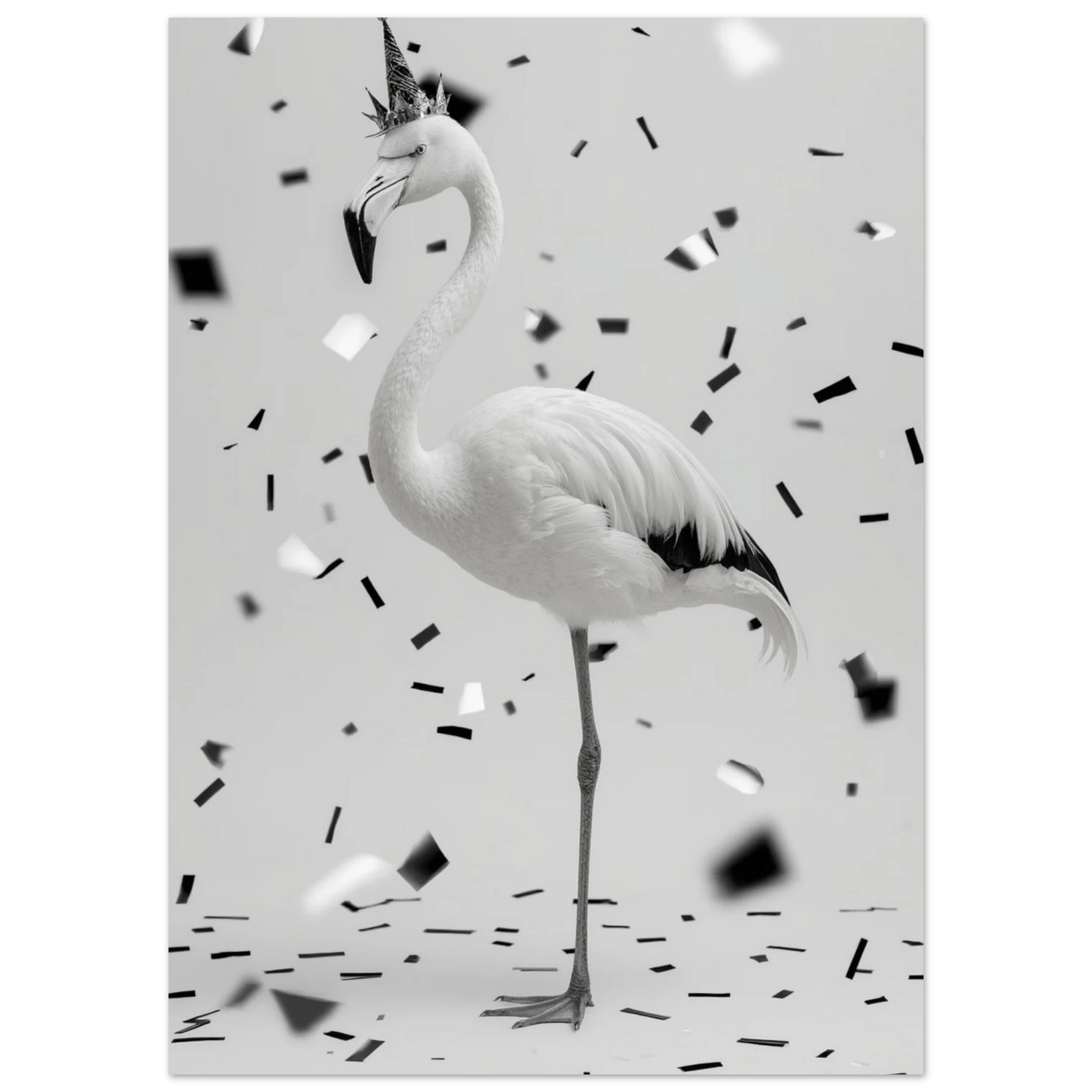 Stolt flamingo som balanserar på ett ben under festligt konfettiregn, svartvit poster