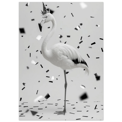 Stolt flamingo som balanserar på ett ben under festligt konfettiregn, svartvit poster