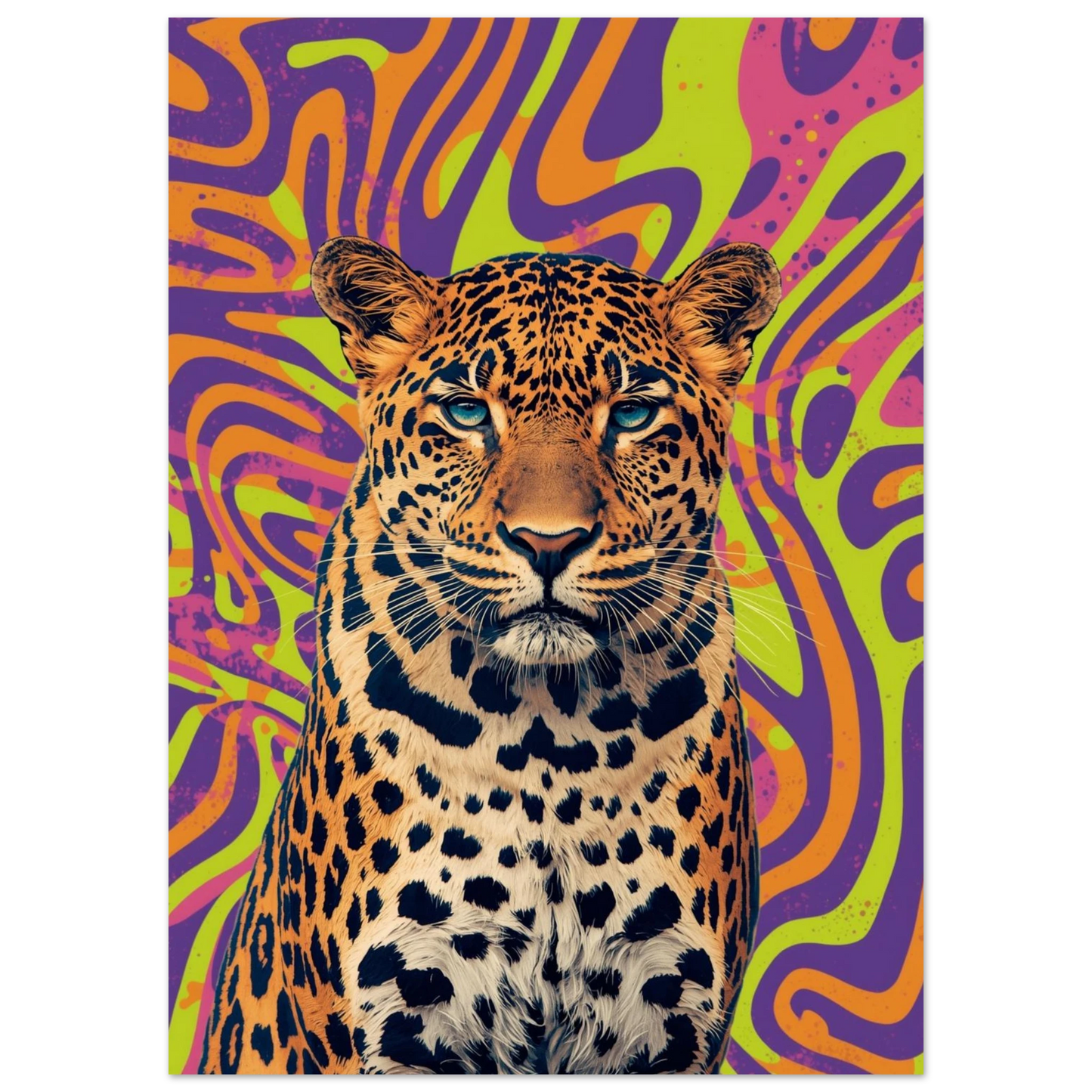 Detaljbild av en leopard med psykedelisk bakgrund, fokuserad på djurets uttryck – Tecknad poster