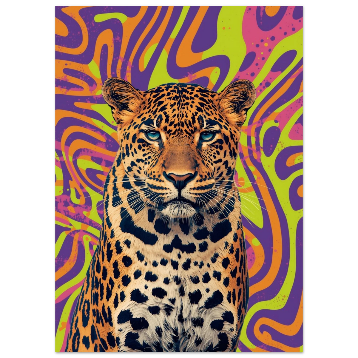 Detaljbild av en leopard med psykedelisk bakgrund, fokuserad på djurets uttryck – Tecknad poster